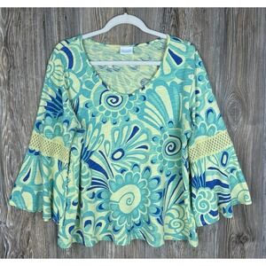 Sun Moda Boho Blouse Top Womens L Abstract Print Bell Sleeve Crochet  Lace Trim